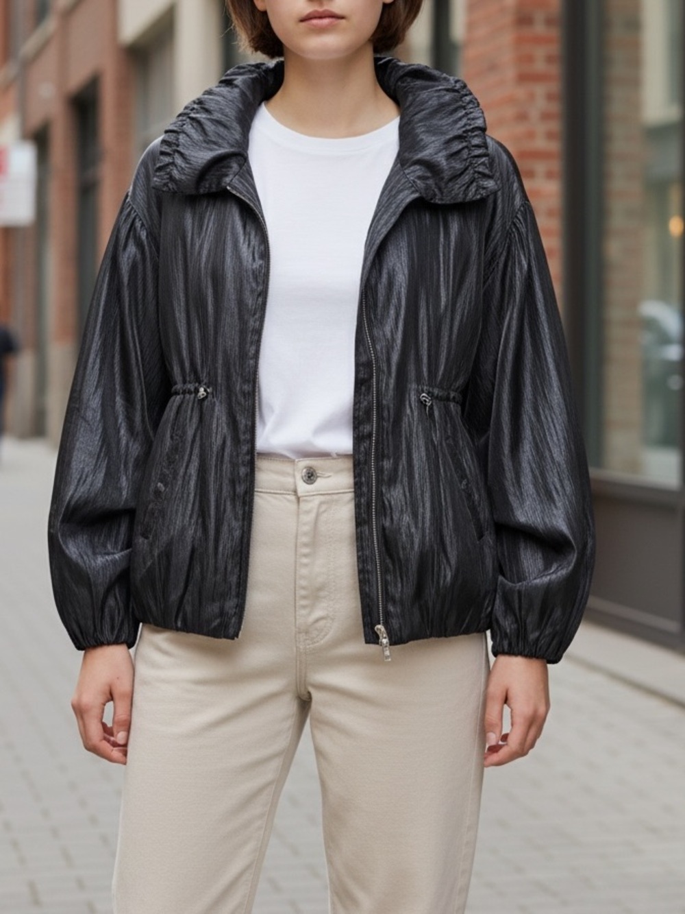 Jones New York Shinny Black Rayon Puff Sleeve Spring Summer Jacket Size M